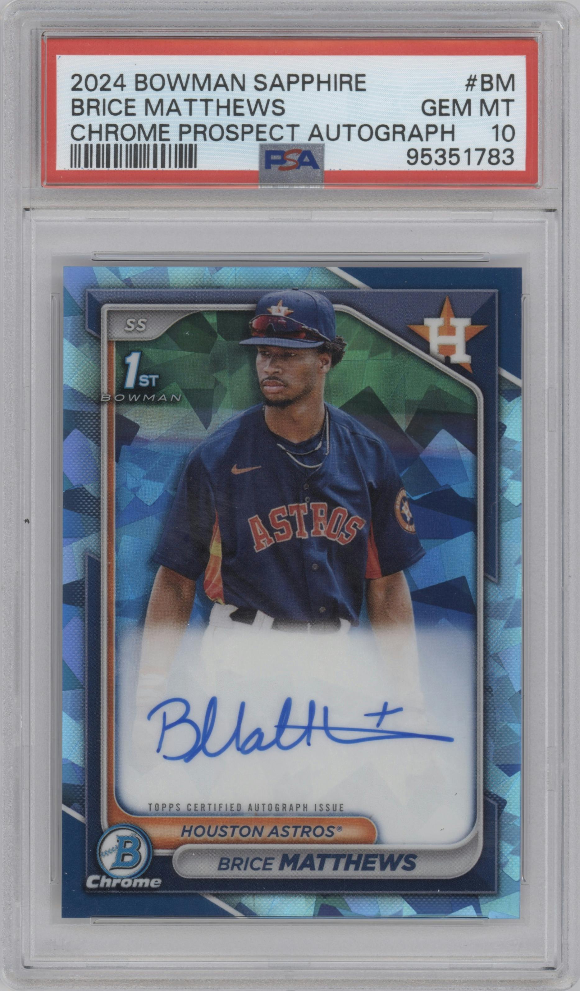 Brice Matthews from the 2024 Bowman Sapphire Edition set graded by PSA and given an overall grade of 10.