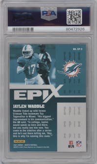 Jaylen Waddle from the 2021 Panini Zenith set featuring a Purple Game parallel graded by PSA and given an overall grade of 8.