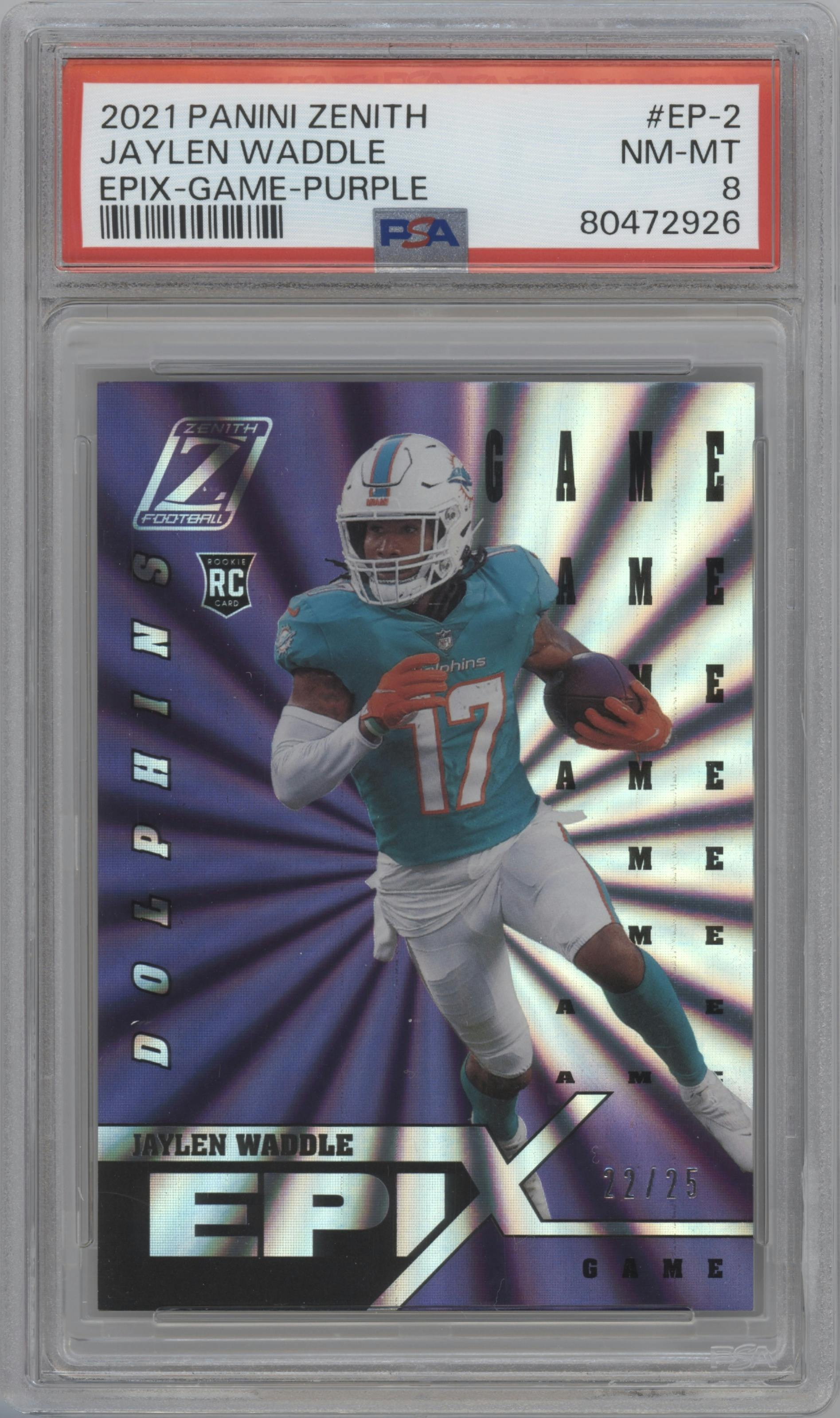 Jaylen Waddle from the 2021 Panini Zenith set featuring a Purple Game parallel graded by PSA and given an overall grade of 8.