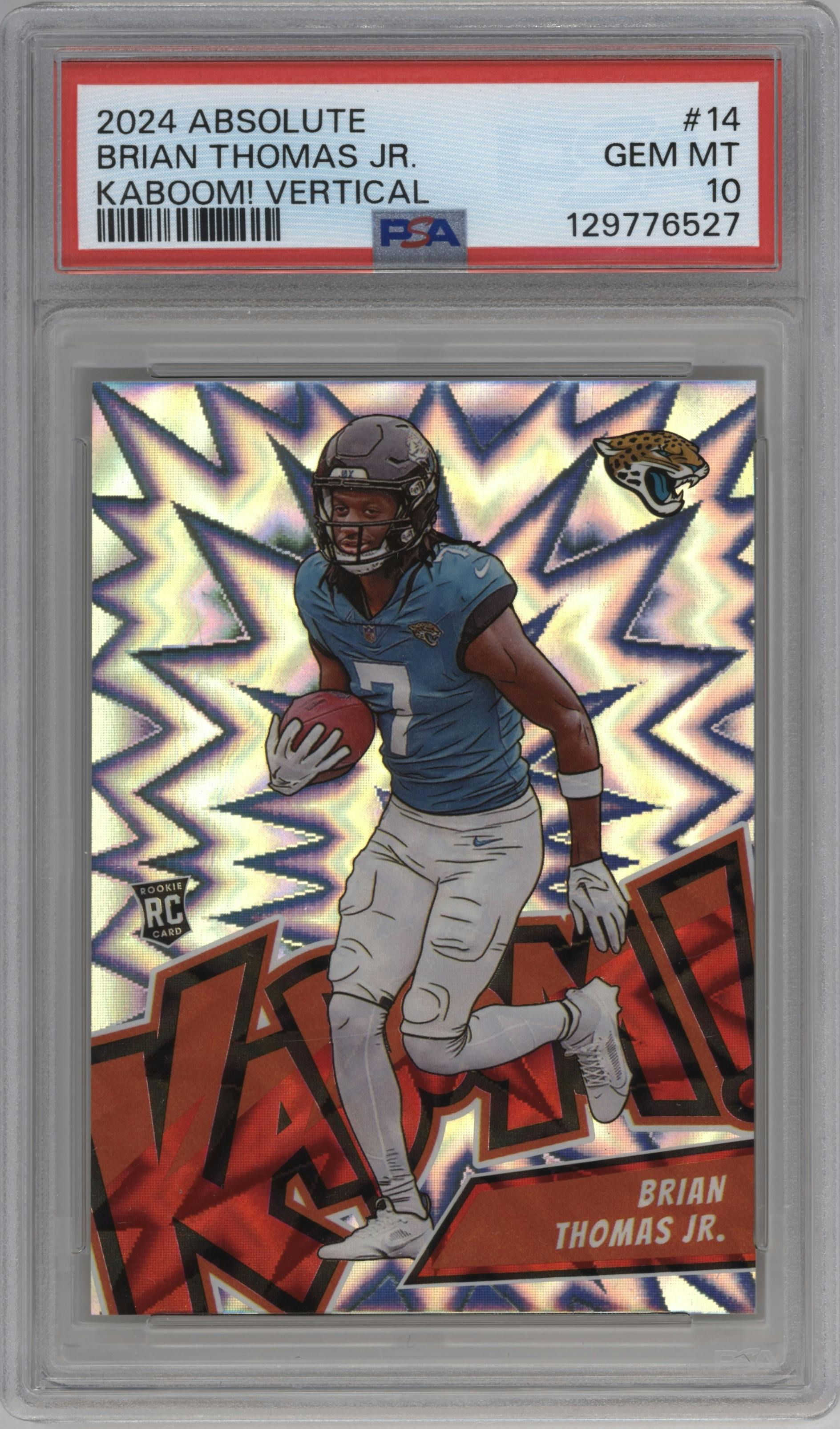 Brian Thomas Jr. from the 2024 Panini Absolute set graded by PSA and given an overall grade of 10.