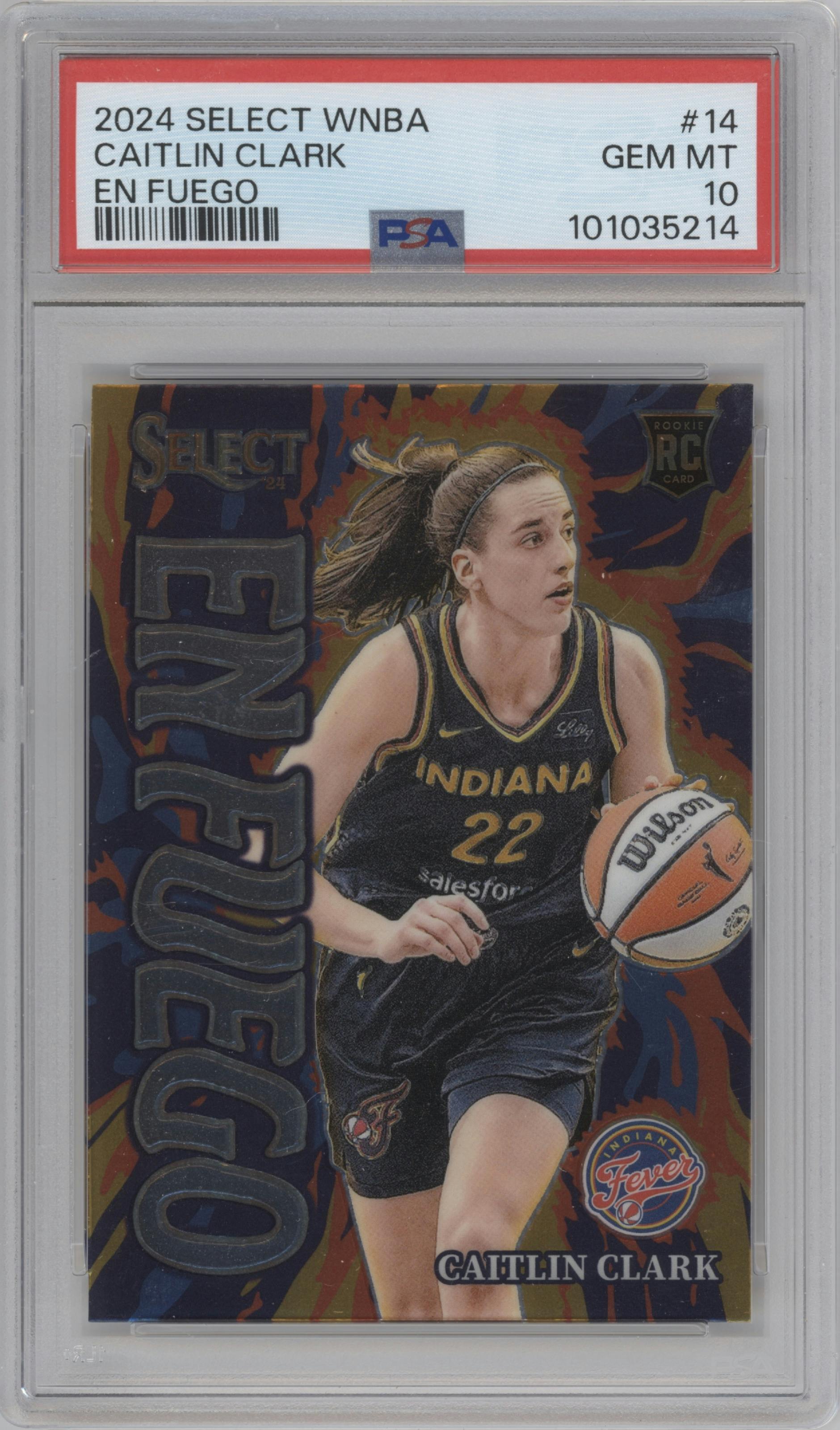 Caitlin Clark from the 2024 Panini Select WNBA set graded by PSA and given an overall grade of 10.