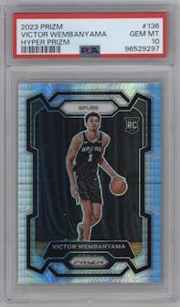 Victor Wembanyama from the 2023-24 Panini Prizm set featuring a Hyper Prizm parallel graded by PSA and given an overall grade of 10.