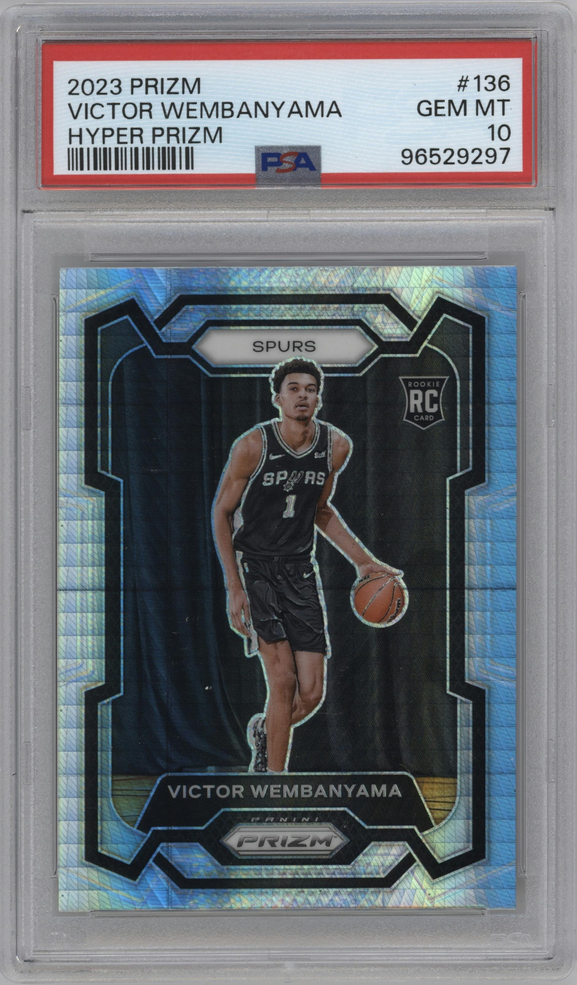 Victor Wembanyama from the 2023-24 Panini Prizm set featuring a Hyper Prizm parallel graded by PSA and given an overall grade of 10.