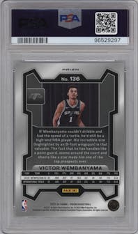 Victor Wembanyama from the 2023-24 Panini Prizm set featuring a Hyper Prizm parallel graded by PSA and given an overall grade of 10.