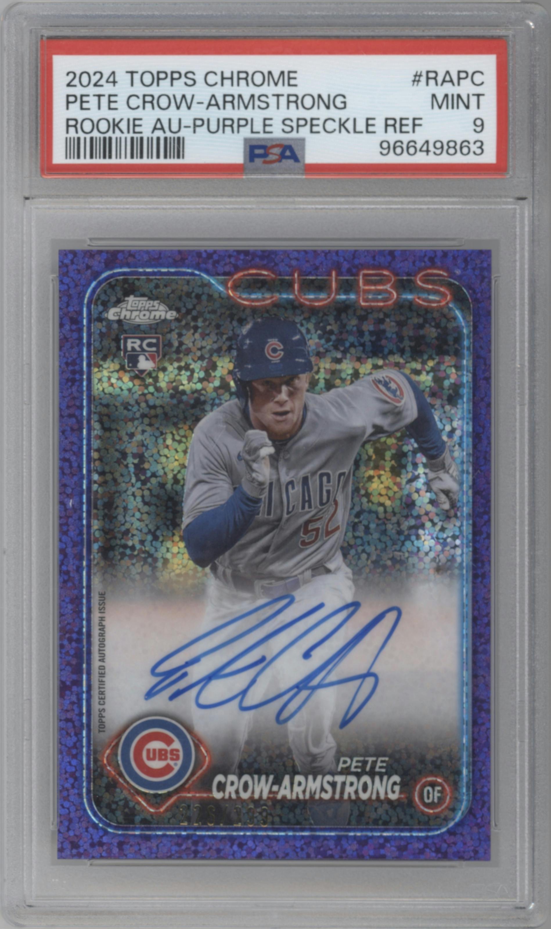 Pete Crow-Armstrong from the 2024 Topps Chrome set featuring a Purple Speckle Refractor parallel graded by PSA and given an overall grade of 9.