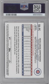 Pete Crow-Armstrong from the 2024 Topps Chrome set featuring a Purple Speckle Refractor parallel graded by PSA and given an overall grade of 9.