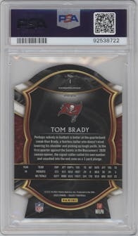 Tom Brady from the 2020 Panini Select set featuring a Die-Cut Purple parallel graded by PSA and given an overall grade of 8.