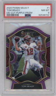 Tom Brady from the 2020 Panini Select set featuring a Die-Cut Purple parallel graded by PSA and given an overall grade of 8.