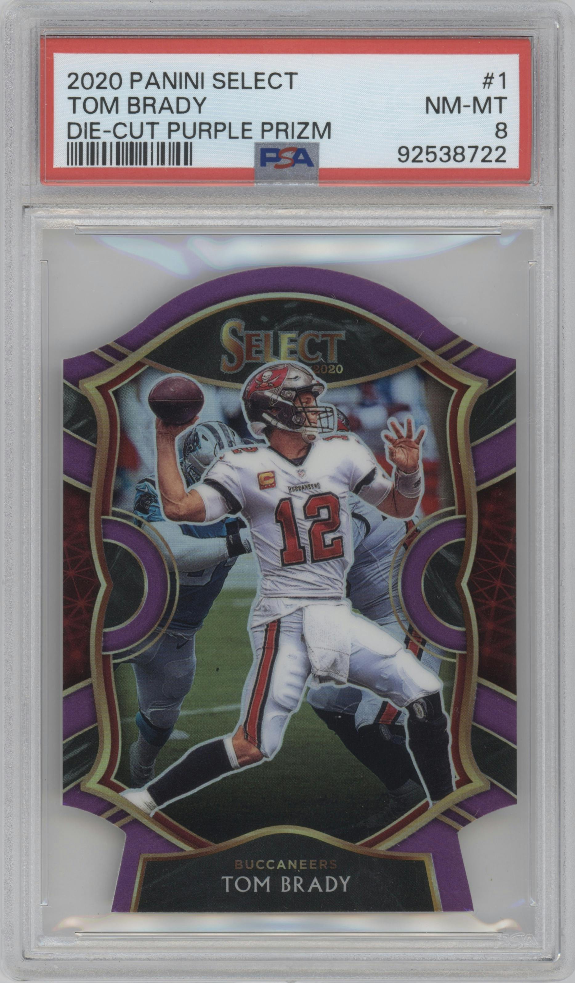 Tom Brady from the 2020 Panini Select set featuring a Die-Cut Purple parallel graded by PSA and given an overall grade of 8.