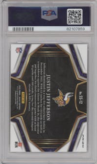 Justin Jefferson from the 2022 Panini Select set featuring a Silver Prizm parallel graded by PSA and given an overall grade of 10.