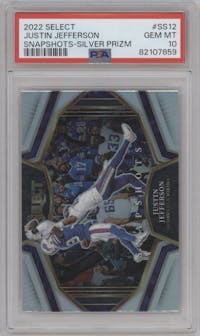 Justin Jefferson from the 2022 Panini Select set featuring a Silver Prizm parallel graded by PSA and given an overall grade of 10.