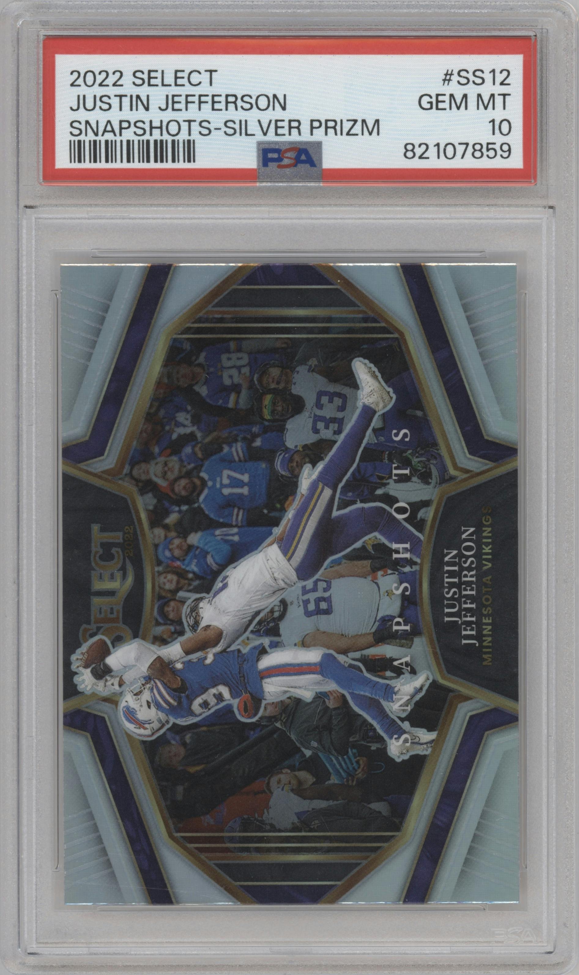 Justin Jefferson from the 2022 Panini Select set featuring a Silver Prizm parallel graded by PSA and given an overall grade of 10.