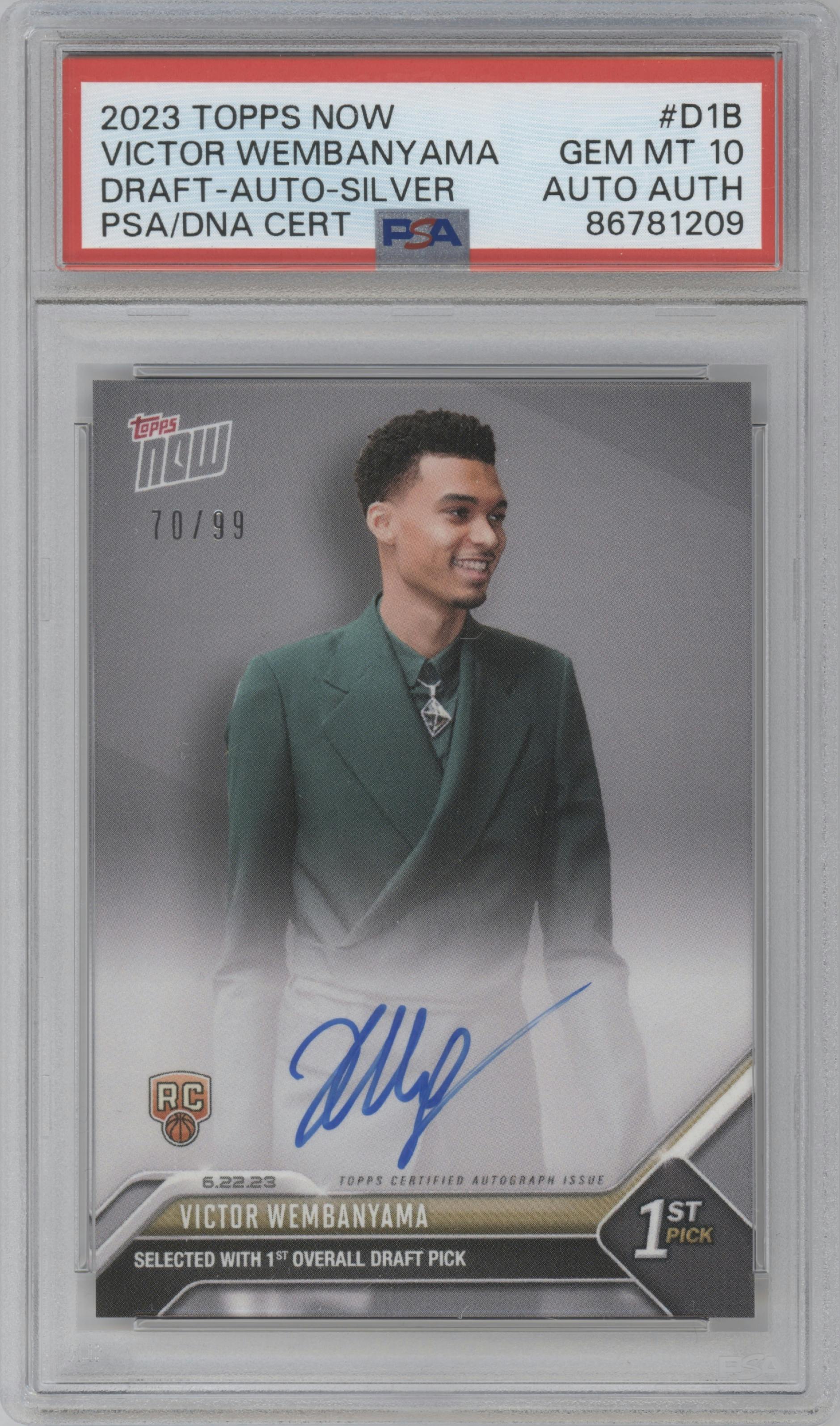 Victor Wembanyama from the 2023 Topps Now
 set featuring a Silver parallel graded by PSA and given an overall grade of 10.