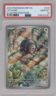 Lechonk from the 2023 Pokemon SV set graded by PSA and given an overall grade of 10.