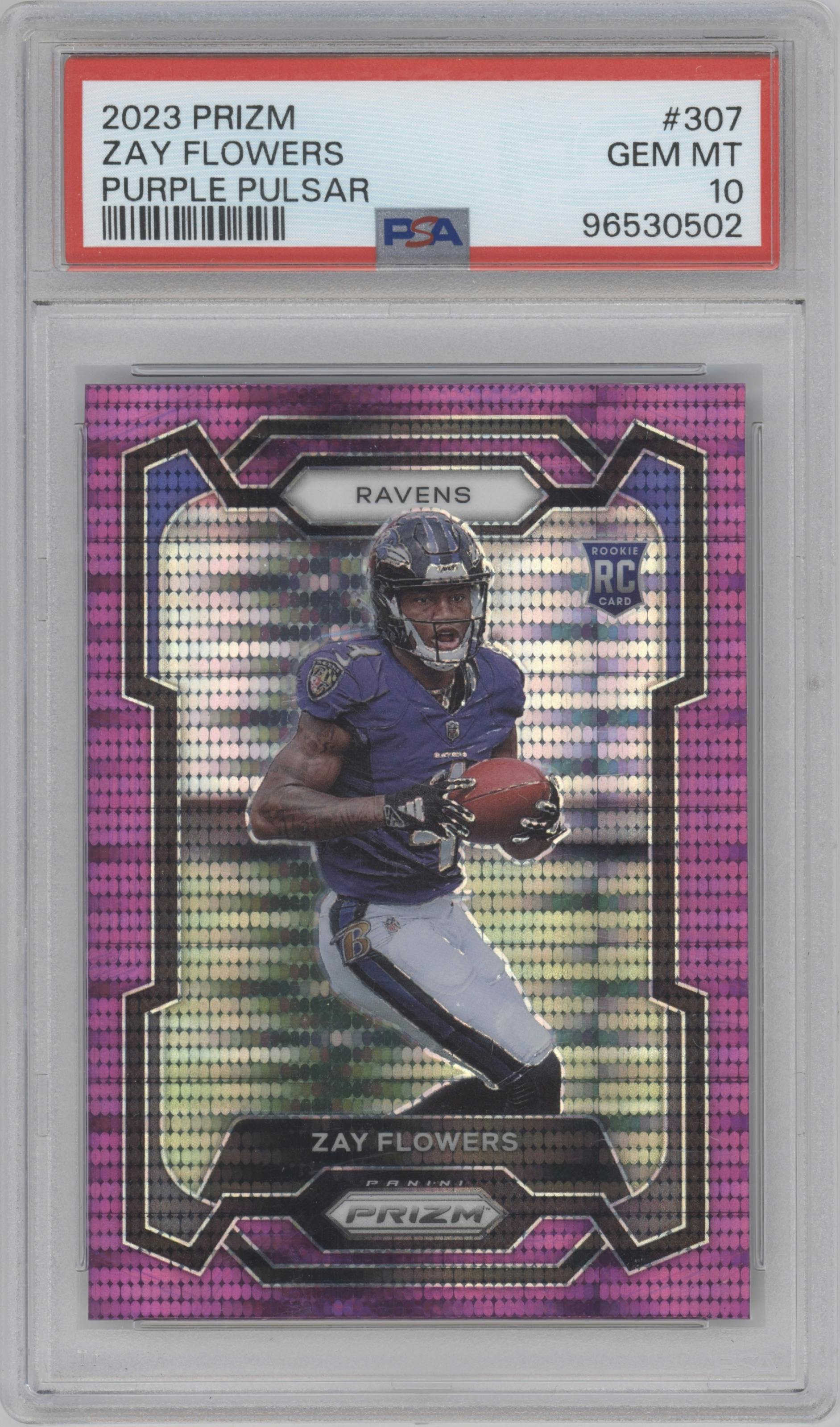 Zay Flowers  from the 2023 Panini Prizm set featuring a Purple Pulsar parallel graded by PSA and given an overall grade of 10.