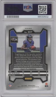 Zay Flowers  from the 2023 Panini Prizm set featuring a Purple Pulsar parallel graded by PSA and given an overall grade of 10.
