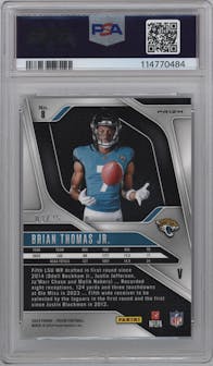 Brian Thomas Jr. from the 2024 Panini Prizm set featuring a Mojo Prizm parallel graded by PSA and given an overall grade of 10.