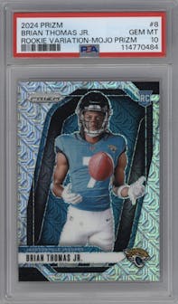 Brian Thomas Jr. from the 2024 Panini Prizm set featuring a Mojo Prizm parallel graded by PSA and given an overall grade of 10.