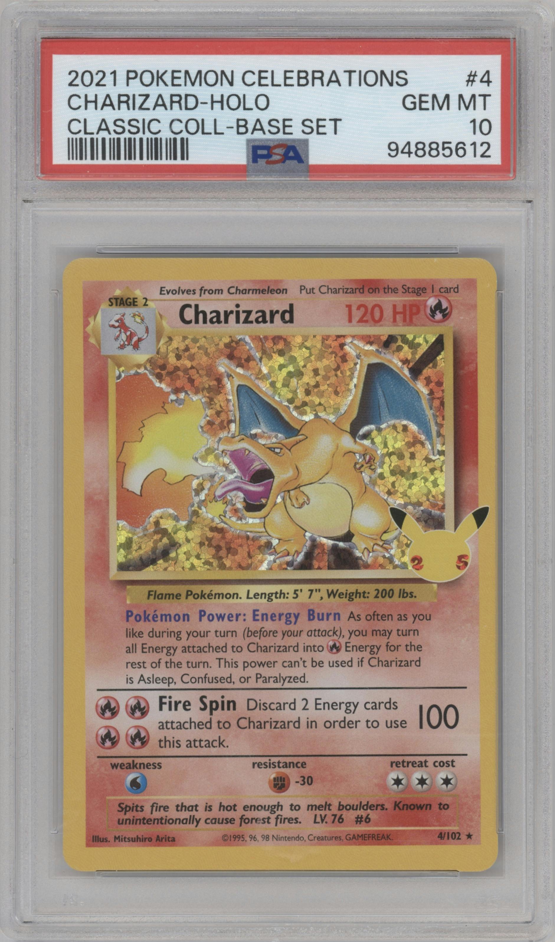 Charizard from the 2021 Pokemon SWSH set featuring a Base Set parallel graded by PSA and given an overall grade of 10.