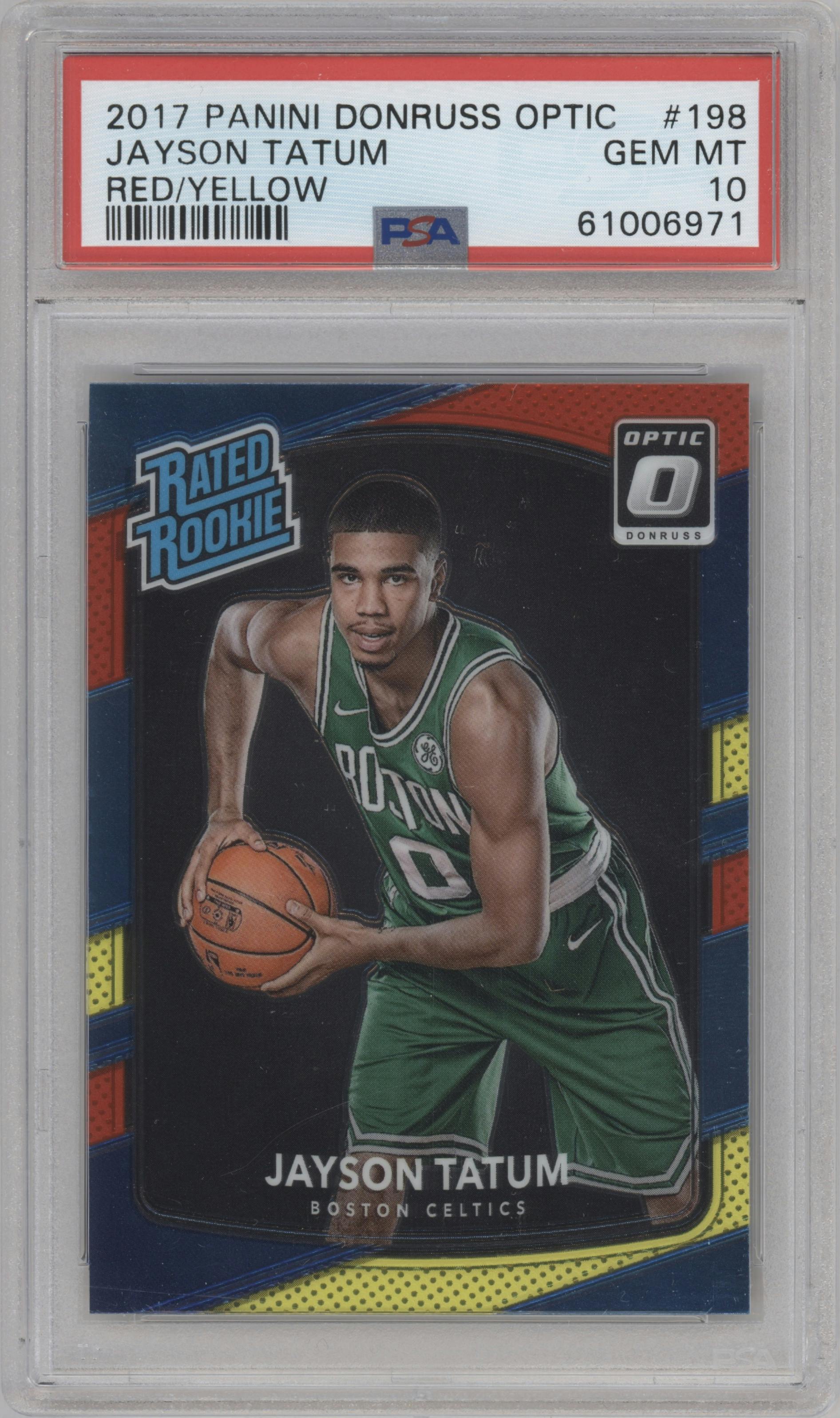 Jayson Tatum from the 2017-18 Panini Donruss Optic set featuring a Red/Yellow  parallel graded by PSA and given an overall grade of 10.