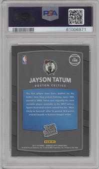 Jayson Tatum from the 2017-18 Panini Donruss Optic set featuring a Red/Yellow  parallel graded by PSA and given an overall grade of 10.