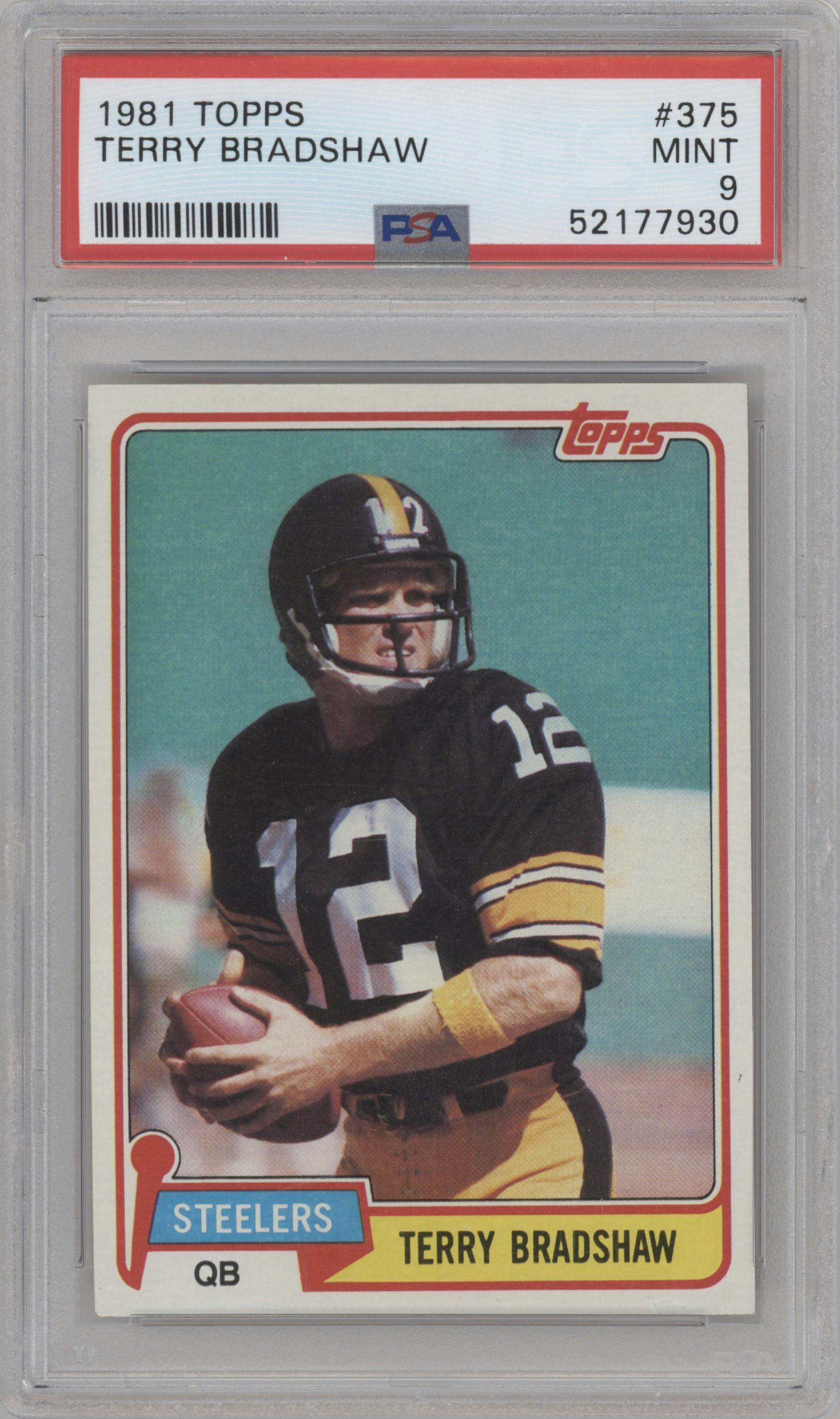 Terry Bradshaw from the 1981 Topps  set graded by PSA and given an overall grade of 9.