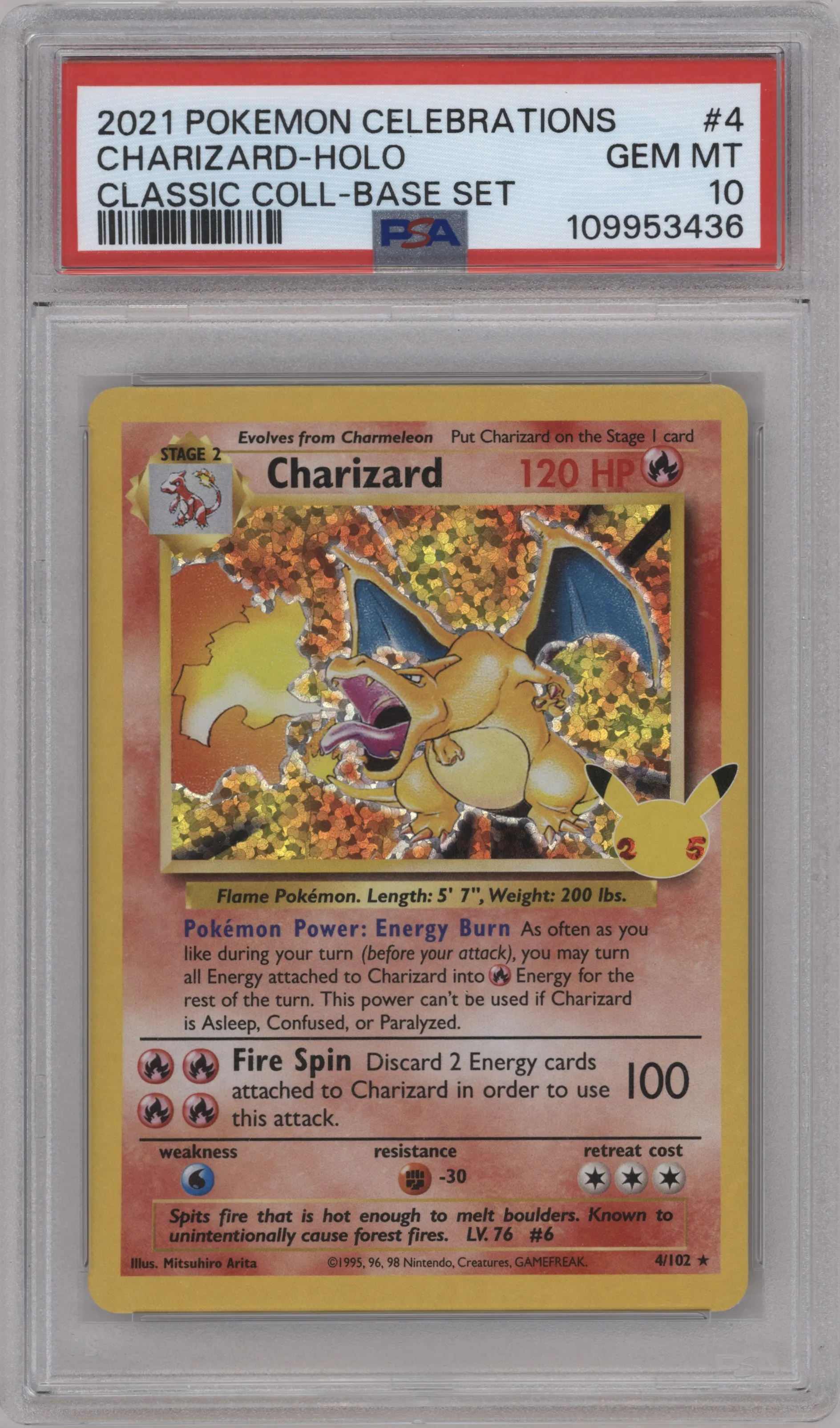 Charizard from the 2021 Pokemon SWSH set featuring a Base Set parallel graded by PSA and given an overall grade of 10.