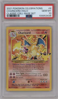 Charizard from the 2021 Pokemon SWSH set featuring a Base Set parallel graded by PSA and given an overall grade of 10.
