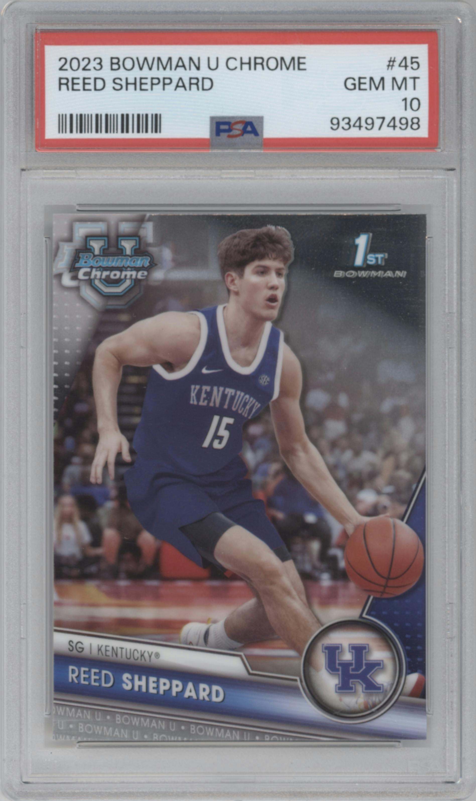 Reed Sheppard from the 2023-24 Bowman U Chrome set graded by PSA and given an overall grade of 10.