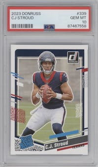 C.J. Stroud from the 2023 Panini Donruss set graded by PSA and given an overall grade of 10.