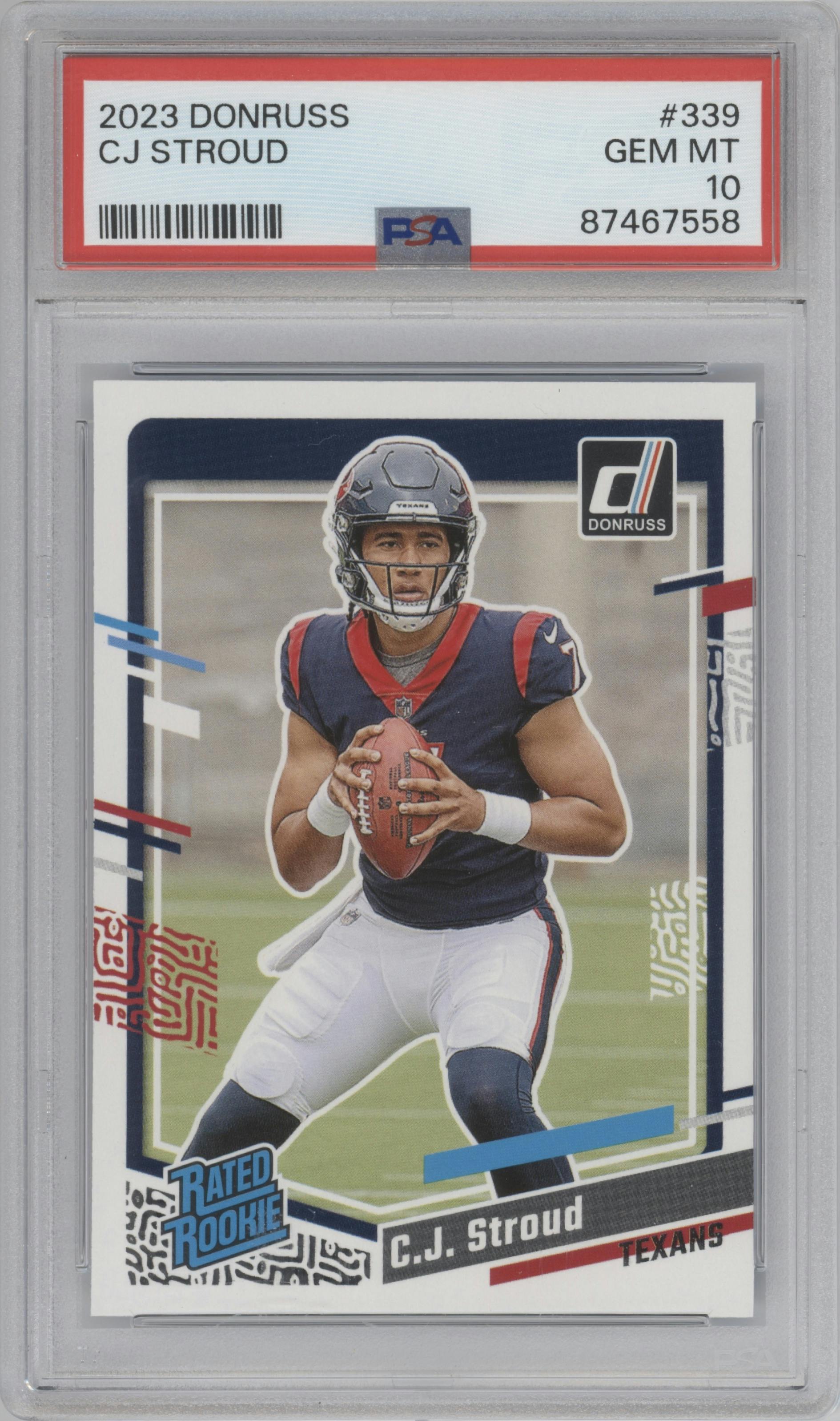 C.J. Stroud from the 2023 Panini Donruss set graded by PSA and given an overall grade of 10.
