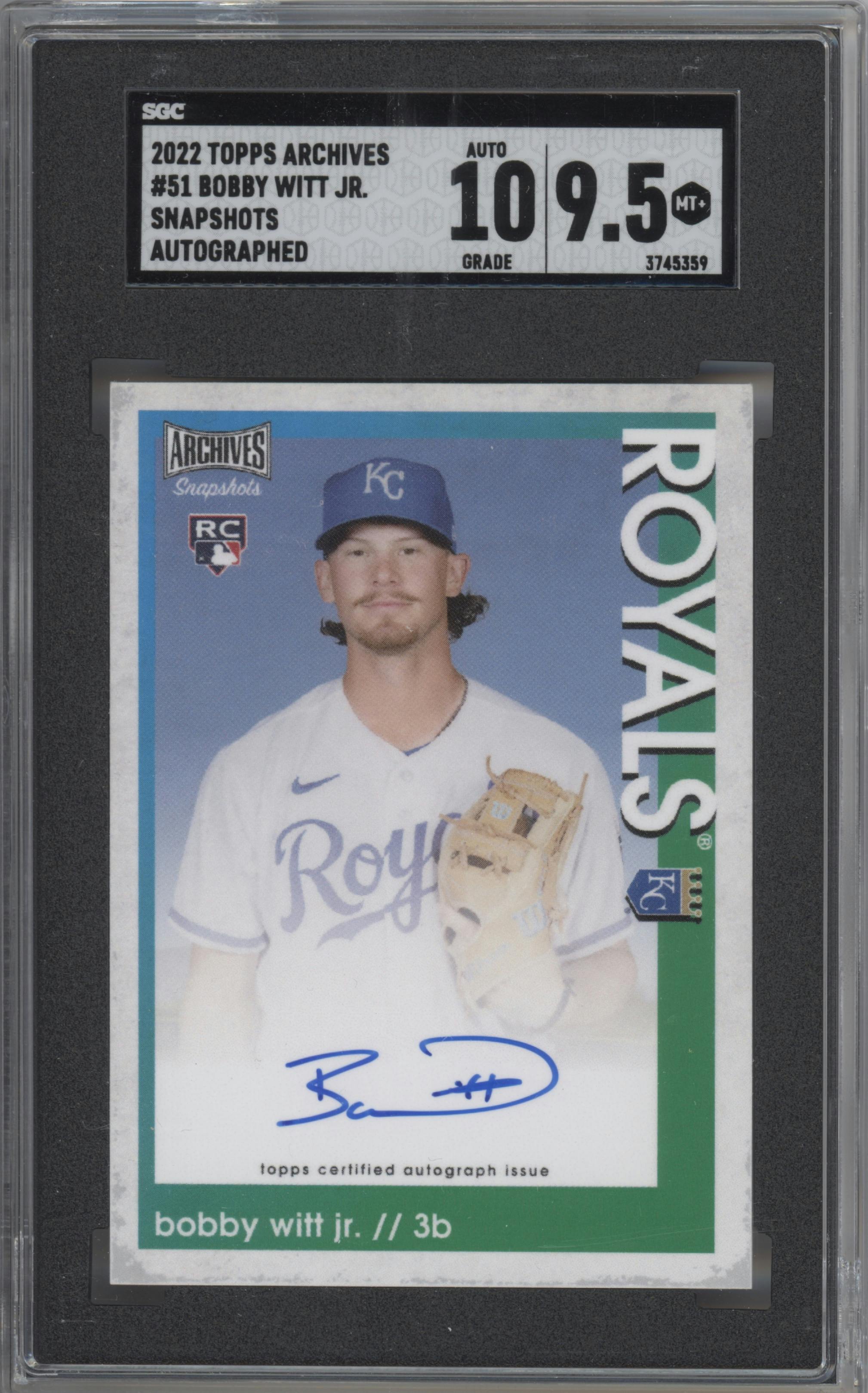 Bobby Witt Jr. from the 2022 Topps Archives Snapshots set graded by SGC and given an overall grade of 9.5.