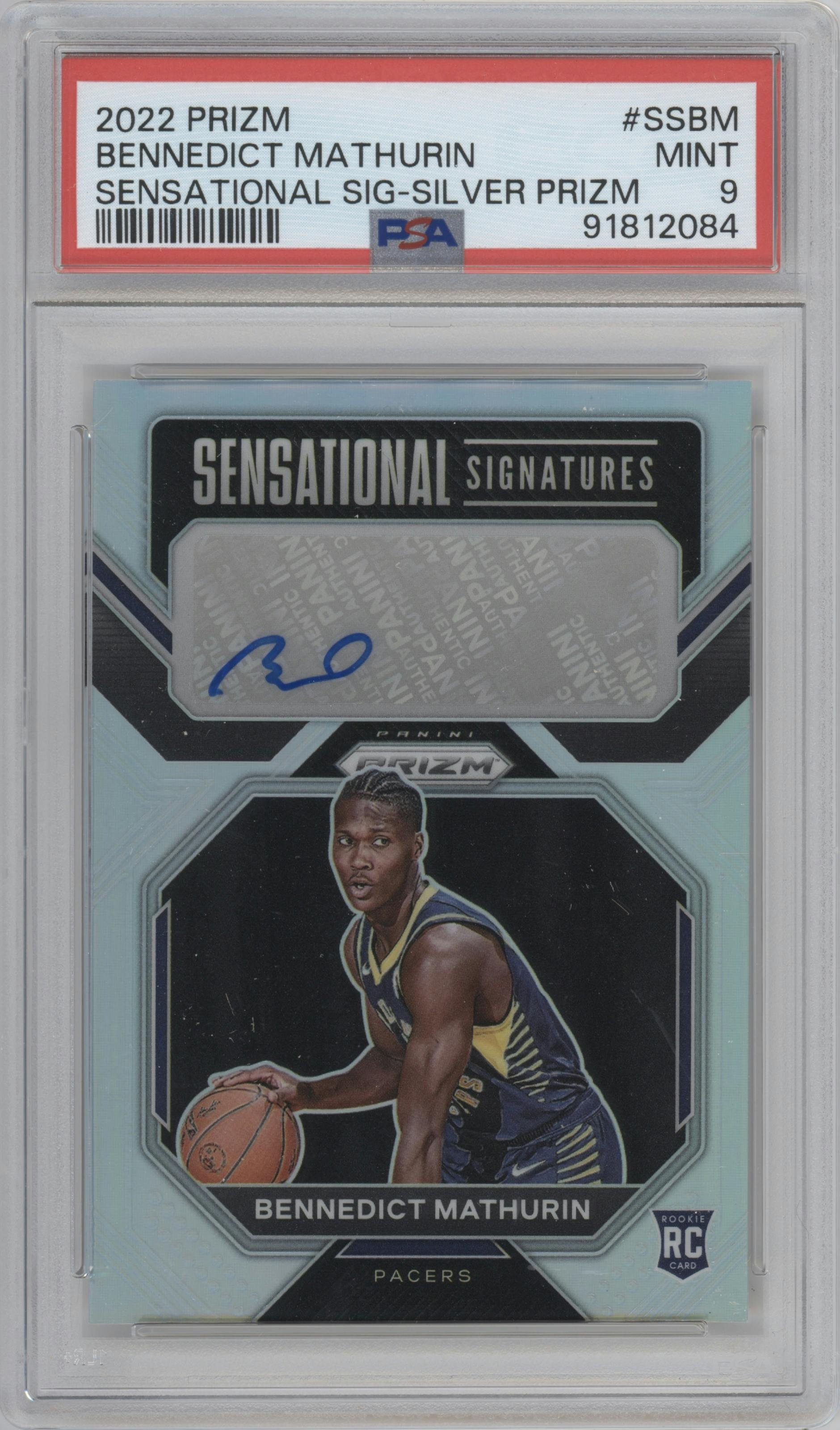 Bennedict Mathurin from the 2022-23 Panini Prizm  set featuring a Silver Prizm parallel graded by PSA and given an overall grade of 9.