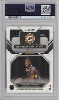 Bennedict Mathurin from the 2022-23 Panini Prizm  set featuring a Silver Prizm parallel graded by PSA and given an overall grade of 9.