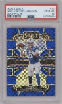 Anthony Richardson from the 2023 Panini Select set featuring a  Blue Prizm parallel graded by PSA and given an overall grade of 10.