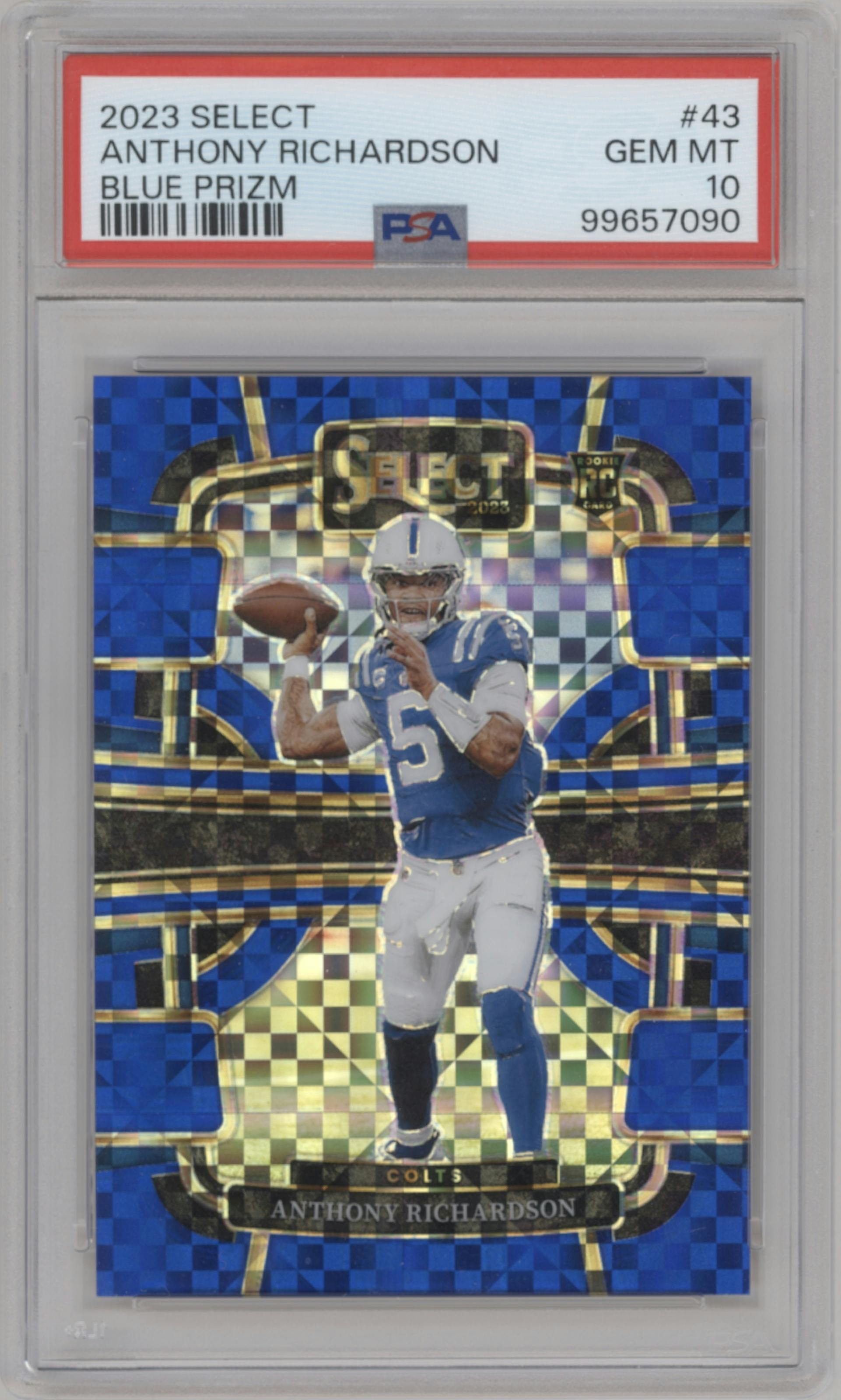 Anthony Richardson from the 2023 Panini Select set featuring a  Blue Prizm parallel graded by PSA and given an overall grade of 10.