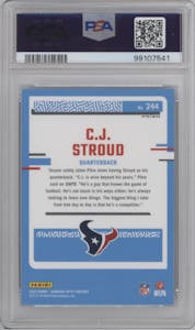 C.J. Stroud from the 2023 Donruss Optic set featuring a Blue Scope parallel graded by PSA and given an overall grade of 10.