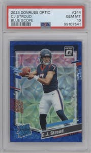 C.J. Stroud from the 2023 Donruss Optic set featuring a Blue Scope parallel graded by PSA and given an overall grade of 10.
