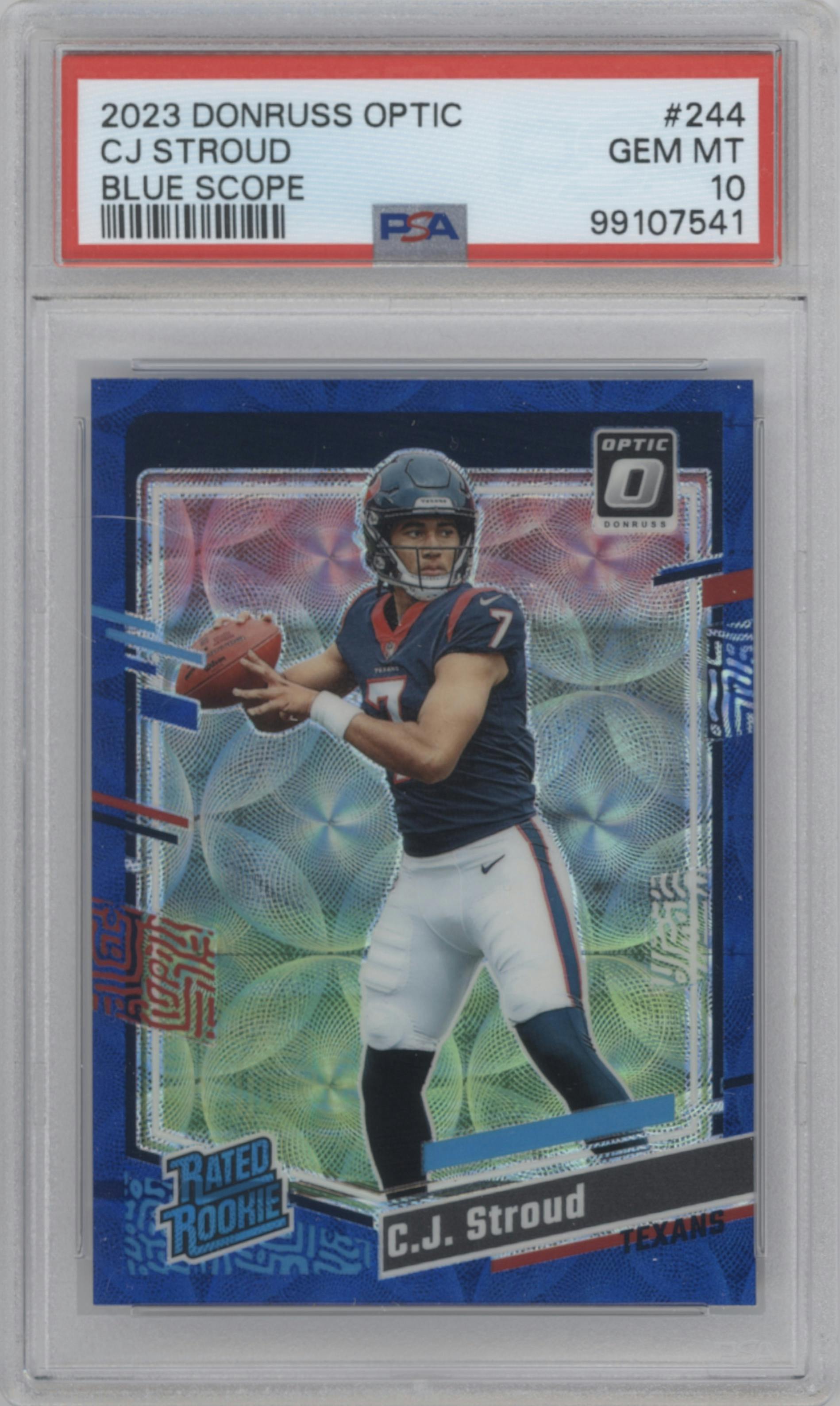 C.J. Stroud from the 2023 Donruss Optic set featuring a Blue Scope parallel graded by PSA and given an overall grade of 10.
