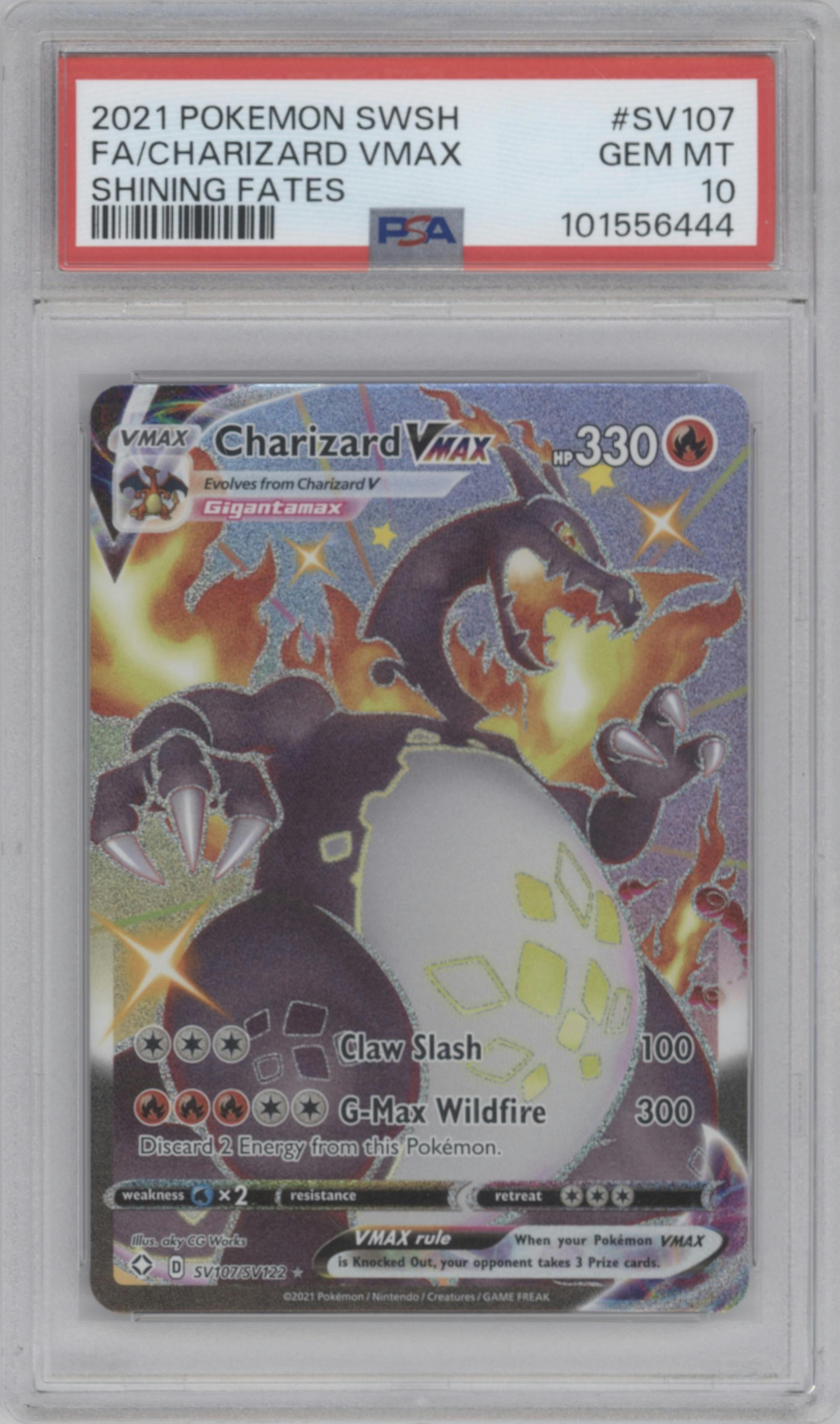 Charizard VMAX from the 2021 Pokemon SWSH set graded by PSA and given an overall grade of 10.