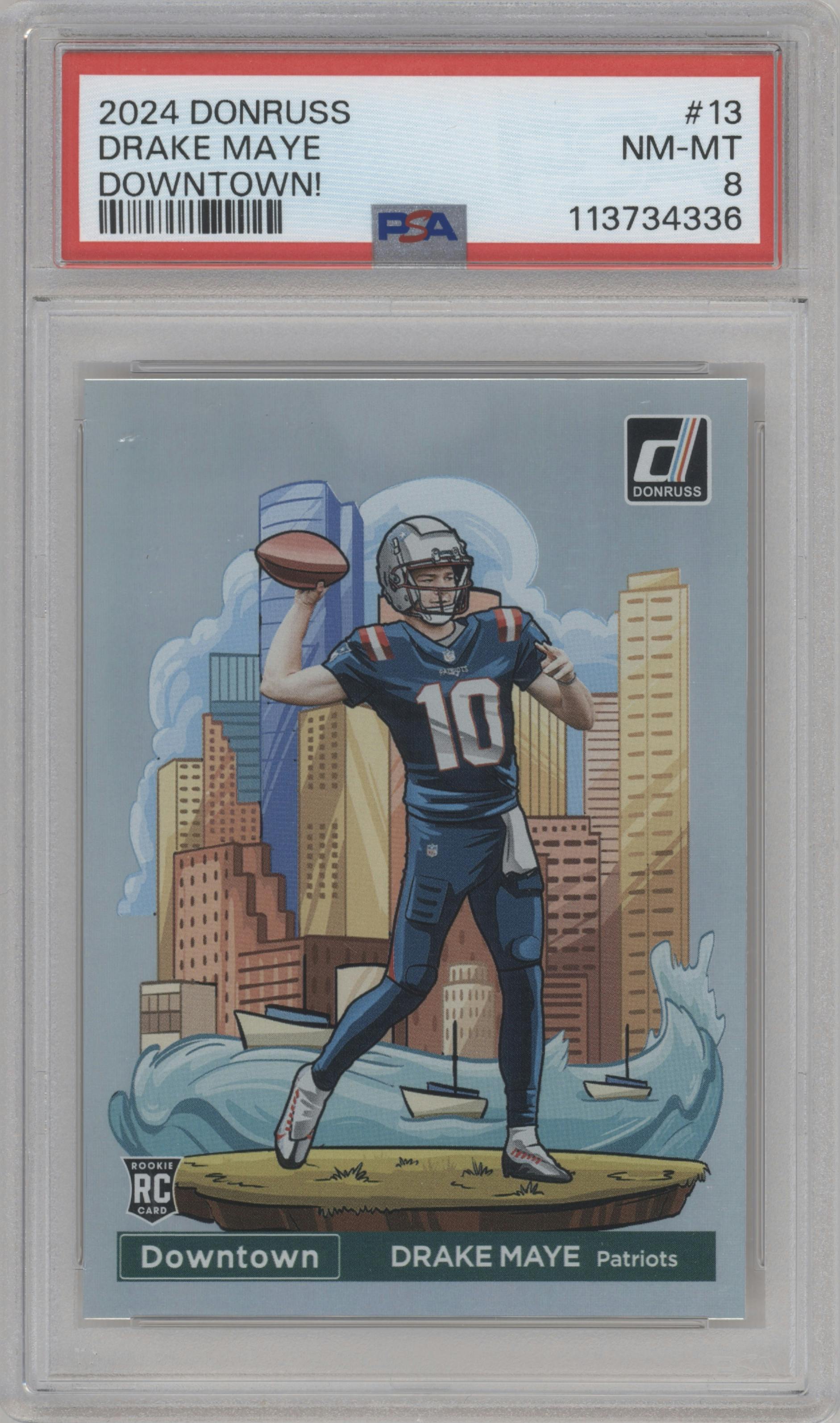 Drake Maye from the 2024 Donruss set graded by PSA and given an overall grade of 8.