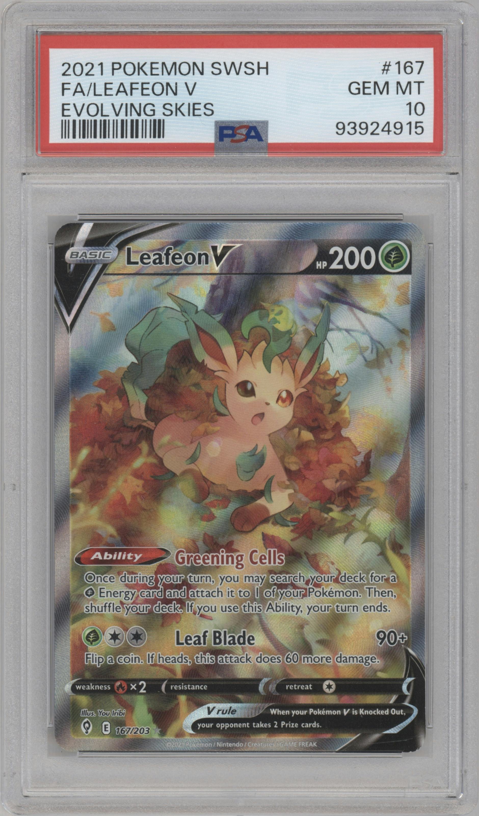 Leafeon V from the 2021 Pokemon SWSH set graded by PSA and given an overall grade of 10.