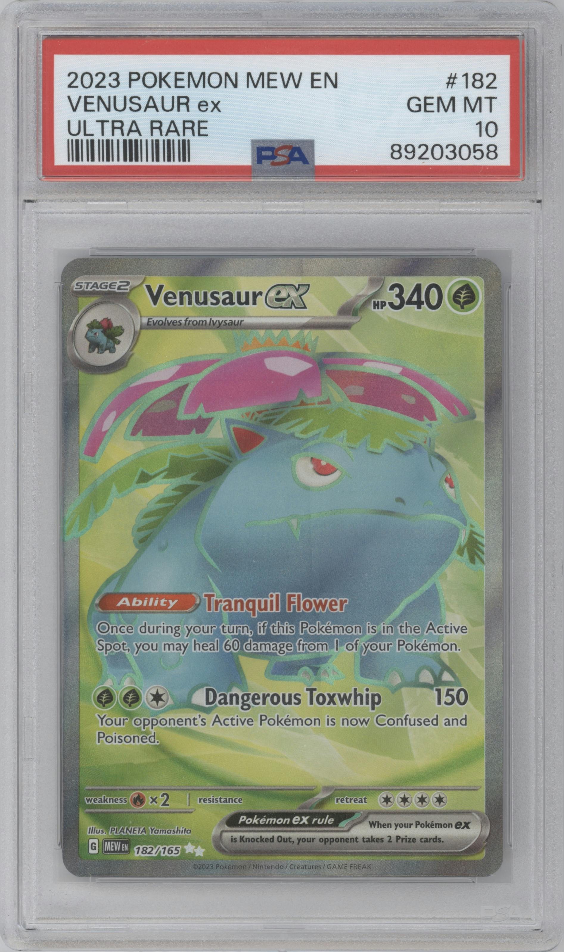 Venusaur ex from the 2023 Pokemon SV set graded by PSA and given an overall grade of 10.