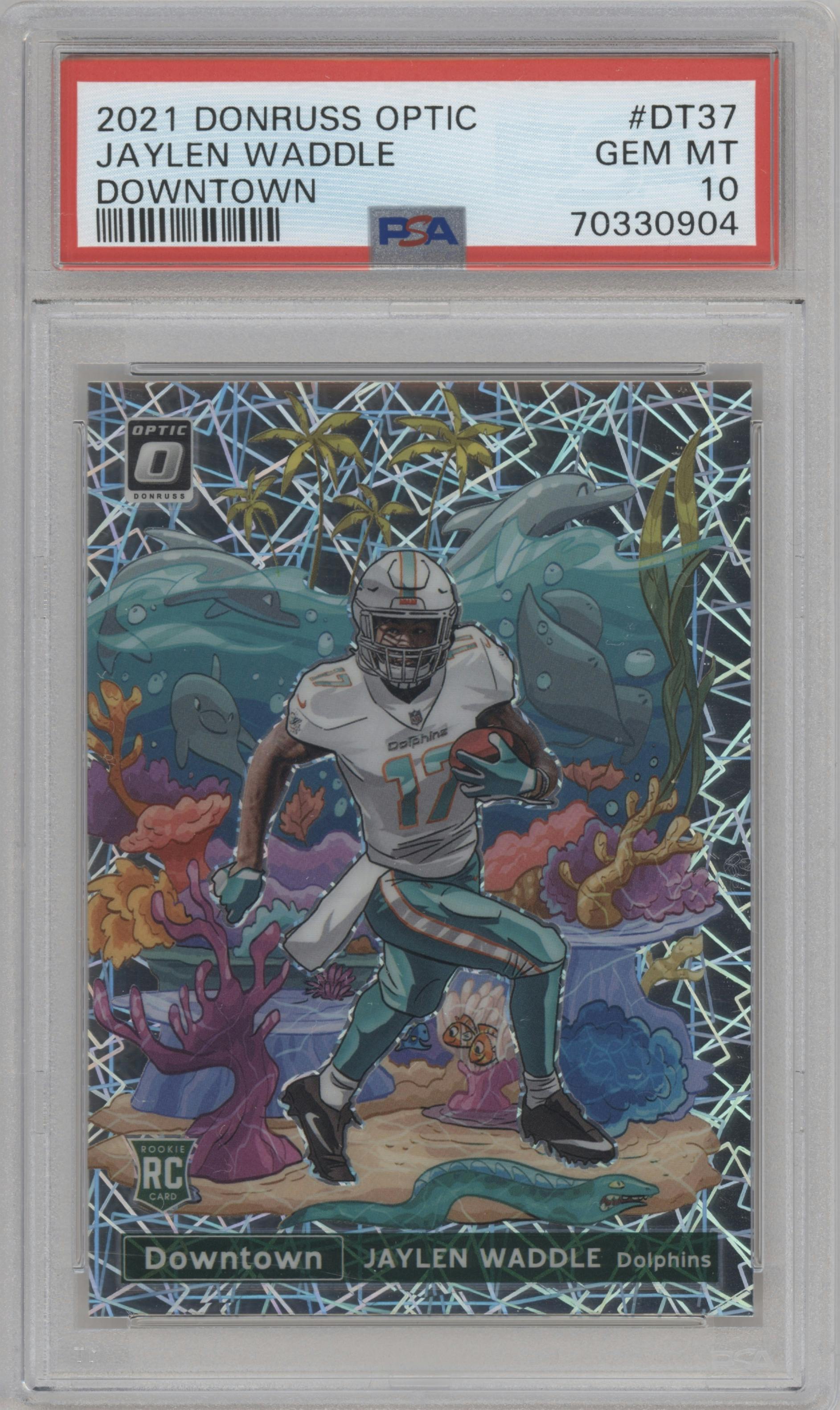 Jaylen Waddle from the 2021 Panini Donruss Optic set graded by PSA and given an overall grade of 10.