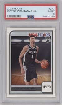 Victor Wembanyama from the 2023-24 Panini NBA Hoops set graded by PSA and given an overall grade of 9.
