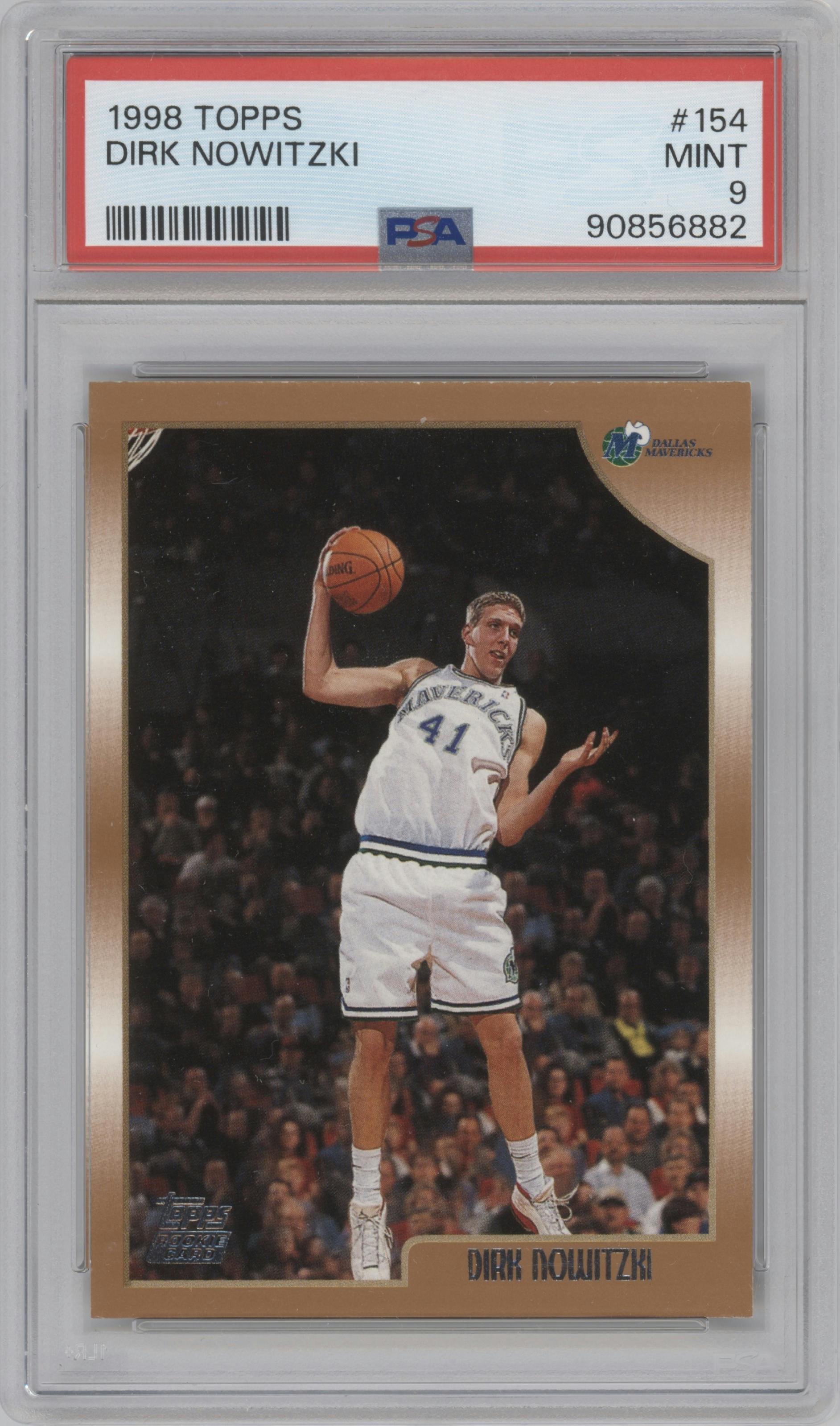 Dirk Nowitzki from the 1998-99 Topps set graded by PSA and given an overall grade of 9.