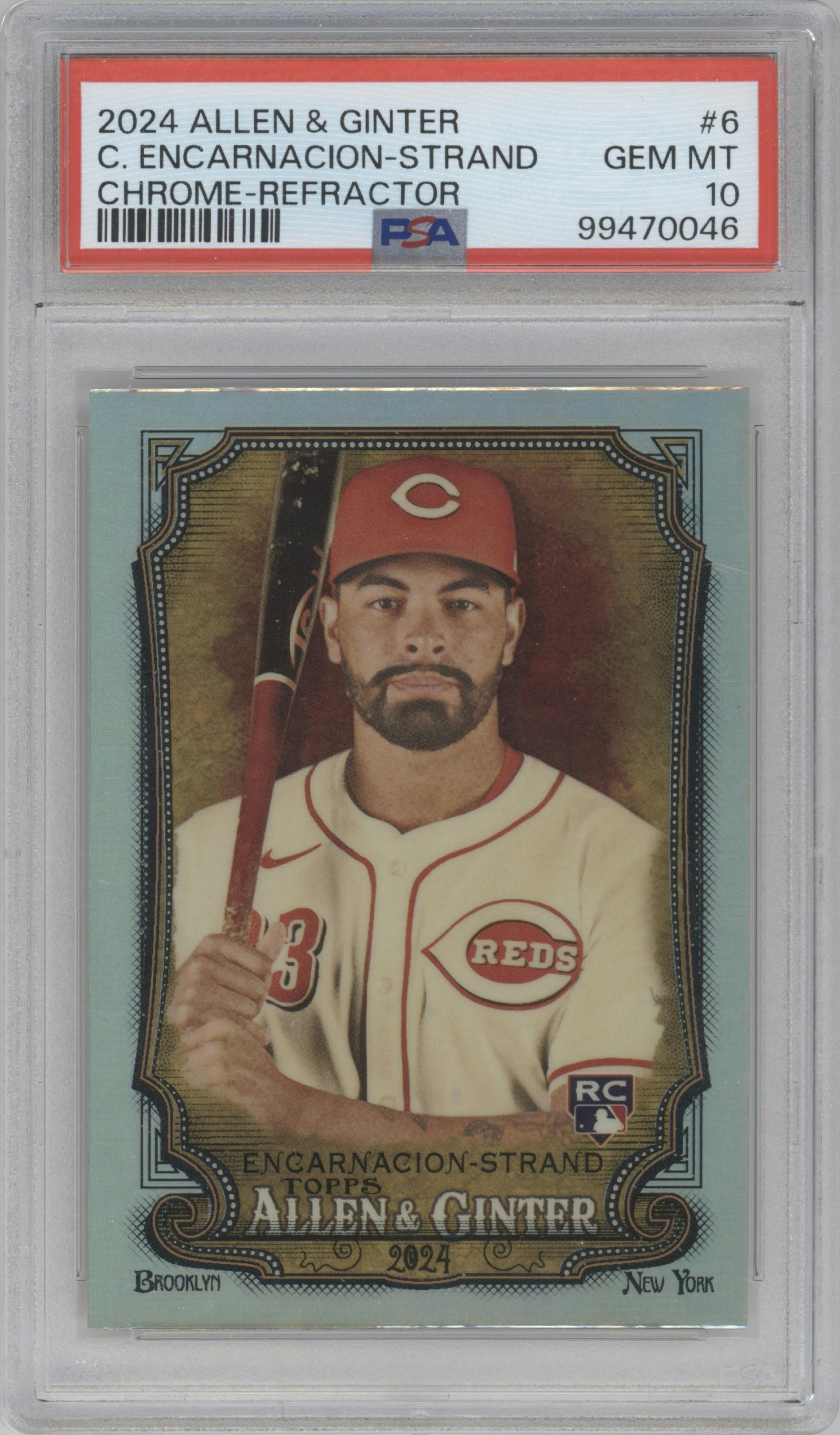 Christian Encarnacion-Strand  from the 2024 Topps Allen & Ginter set featuring a Refractor parallel graded by PSA and given an overall grade of 10.
