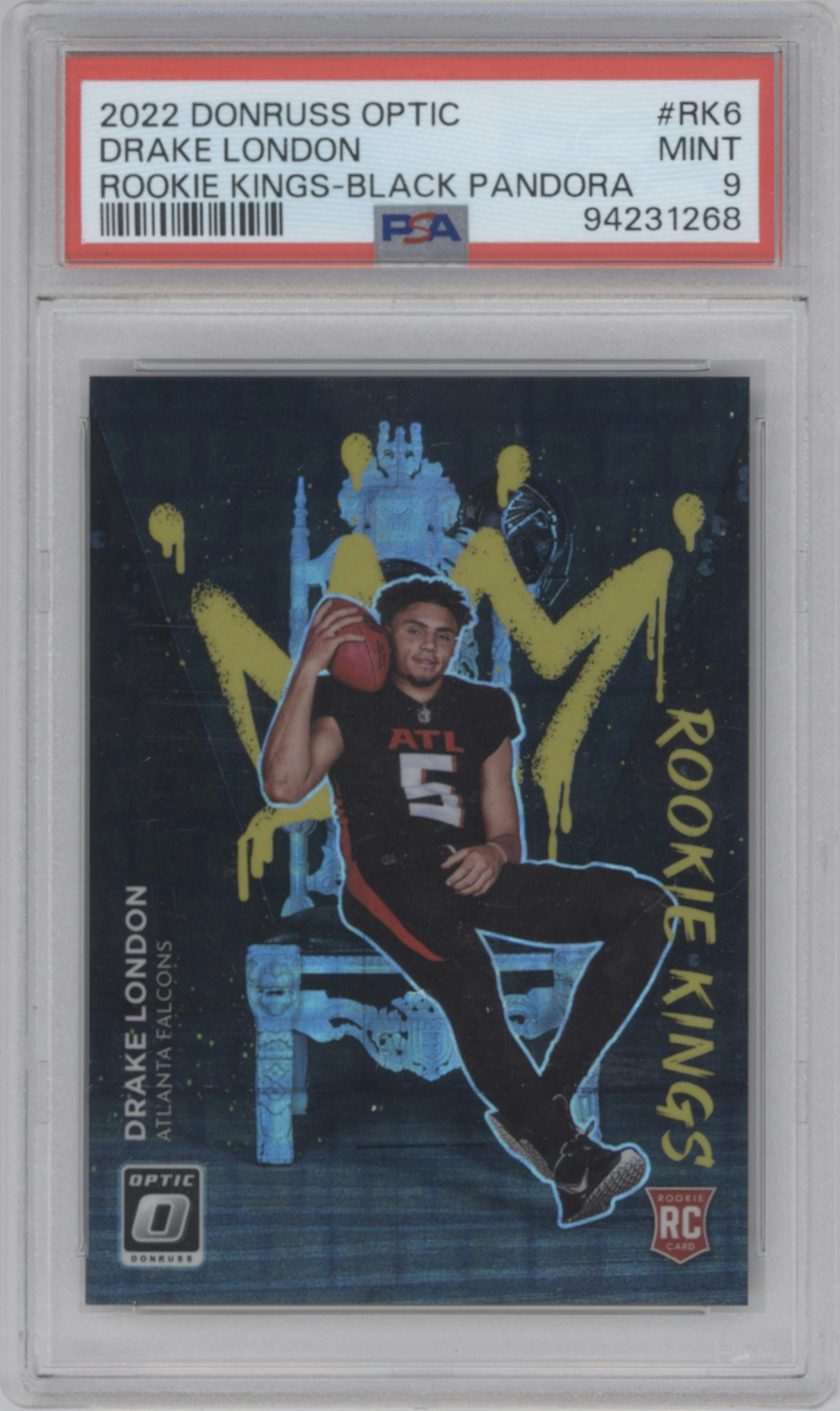 Drake London from the 2022 Panini Donruss Optic set featuring a Black Pandora parallel graded by PSA and given an overall grade of 9.