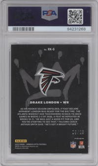 Drake London from the 2022 Panini Donruss Optic set featuring a Black Pandora parallel graded by PSA and given an overall grade of 9.