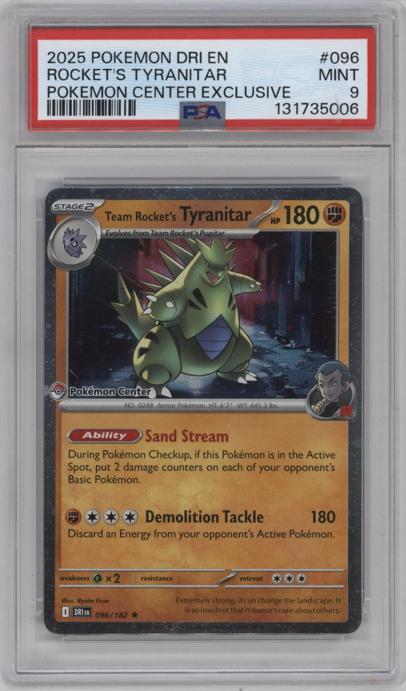 2025 Pokemon SV Destined Rivals Team Rocket's Tyranitar Pokemon Center Exclusive #096 PSA 9